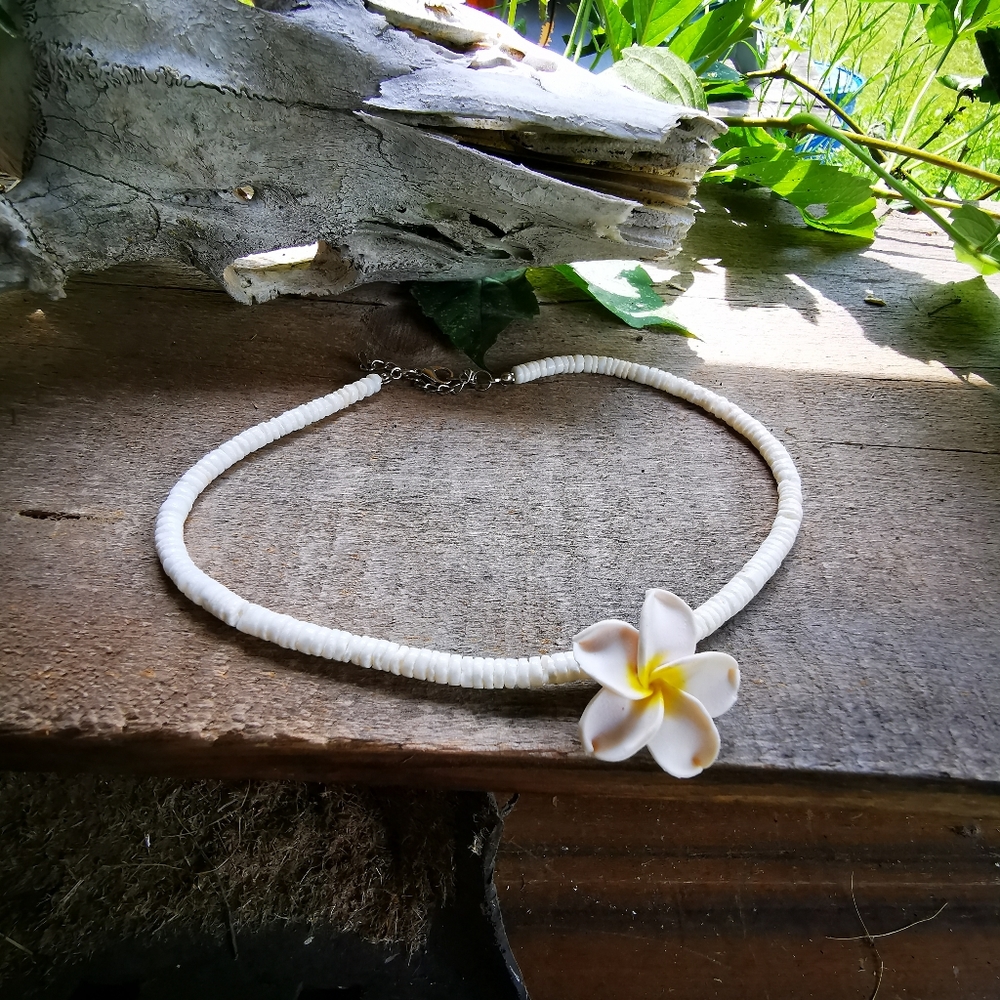 Puka Shell and Plumeria Flower Necklace